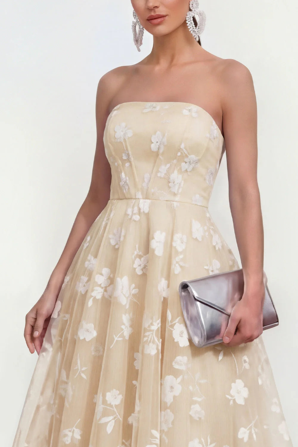 Strapless Floral Blue A Line Wedding Guest Dress