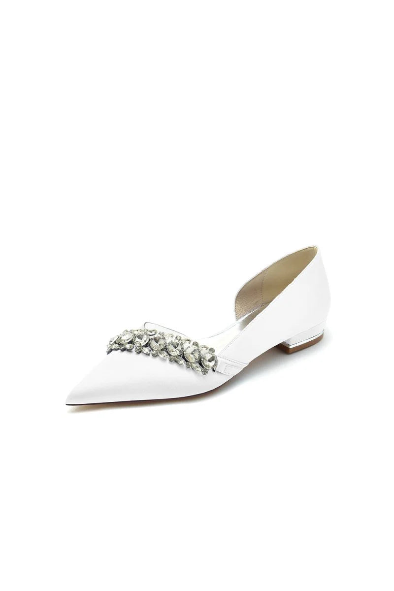 Pointed Toe Slip on Satin Low Heels With Rhinestone