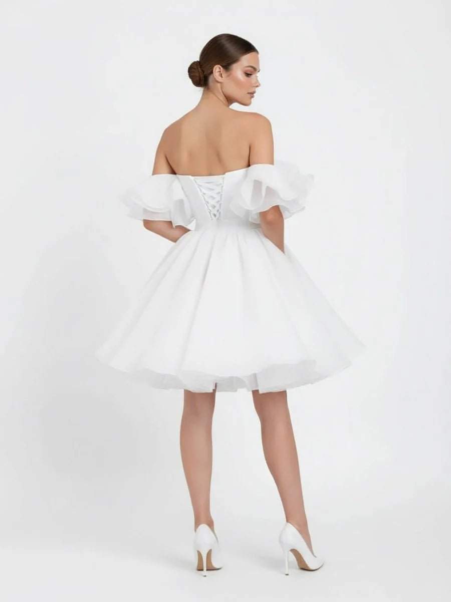 A Line Off The Shoulder Sleeveless Short Mini Organza Wedding Dresses