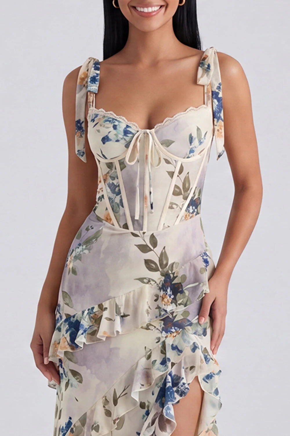 Black Ruffled Floral Corset Midi Wedding Guest Dress