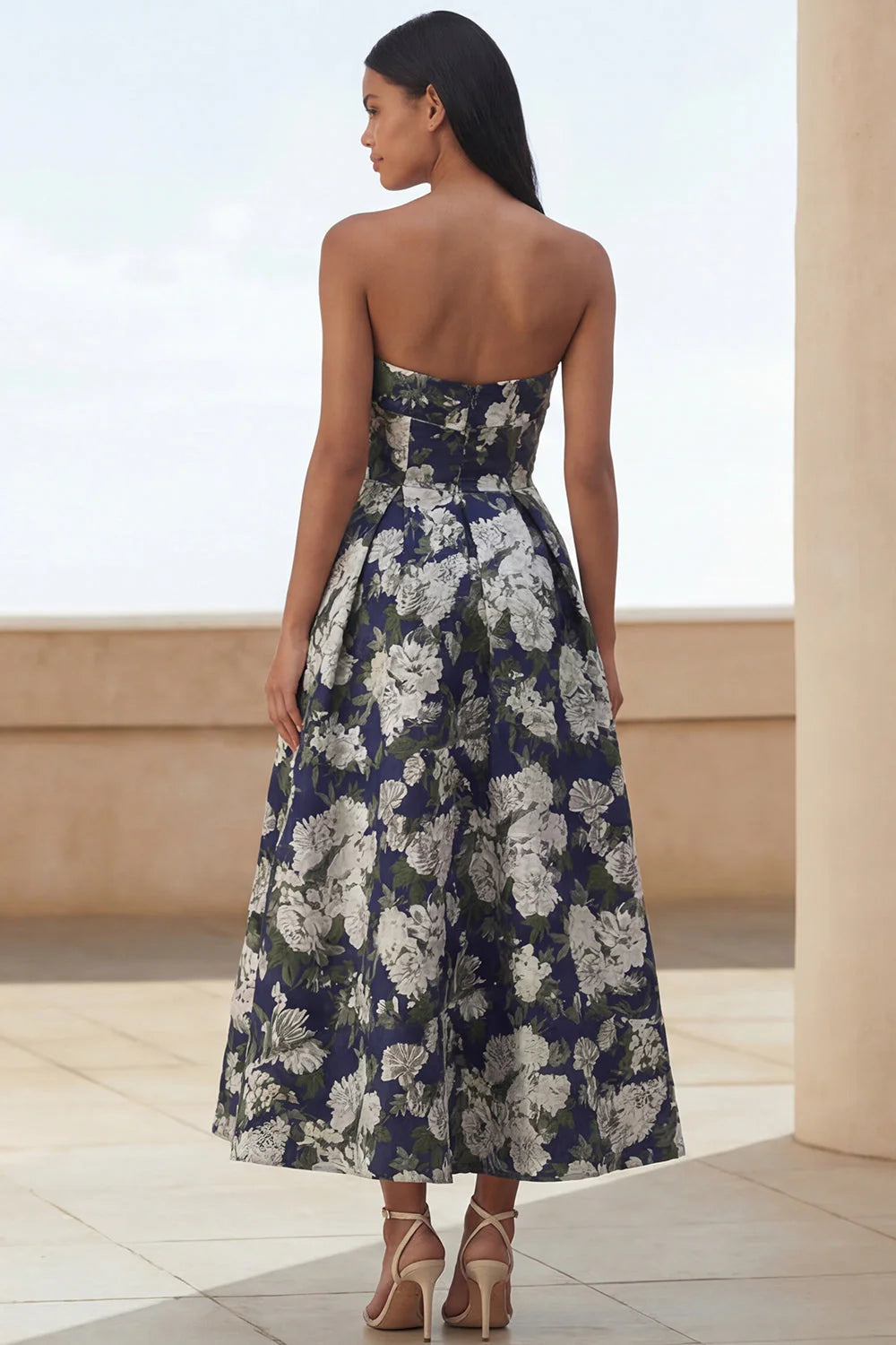 Floral Blue Strapless A Line Wedding Guest Dress