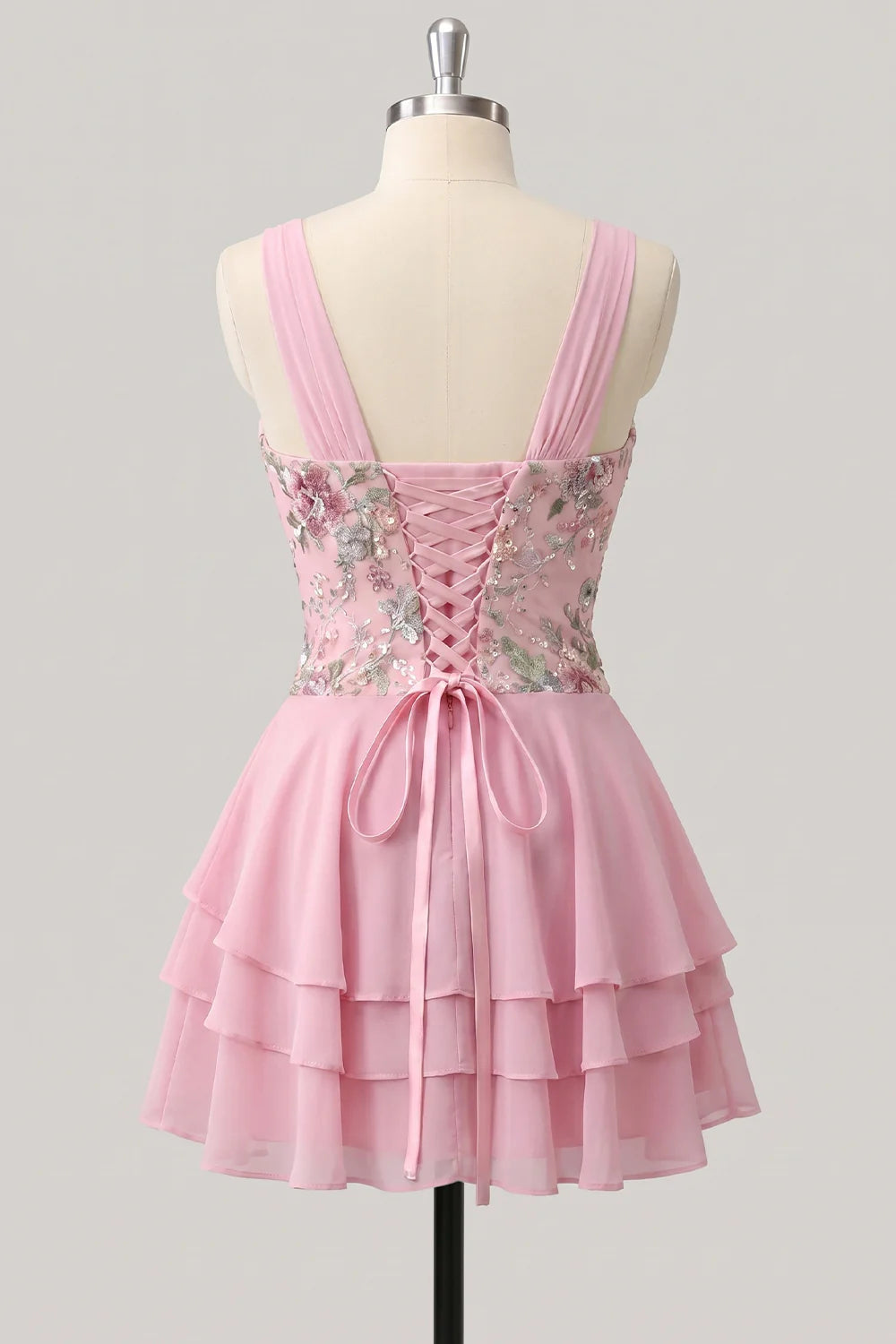 Pink Floral Appliqued V Neck Tiered A Line Homecoming Dress