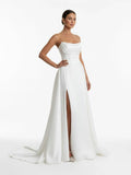 A Line Strapless White Satin Wedding Dresses with Slit
