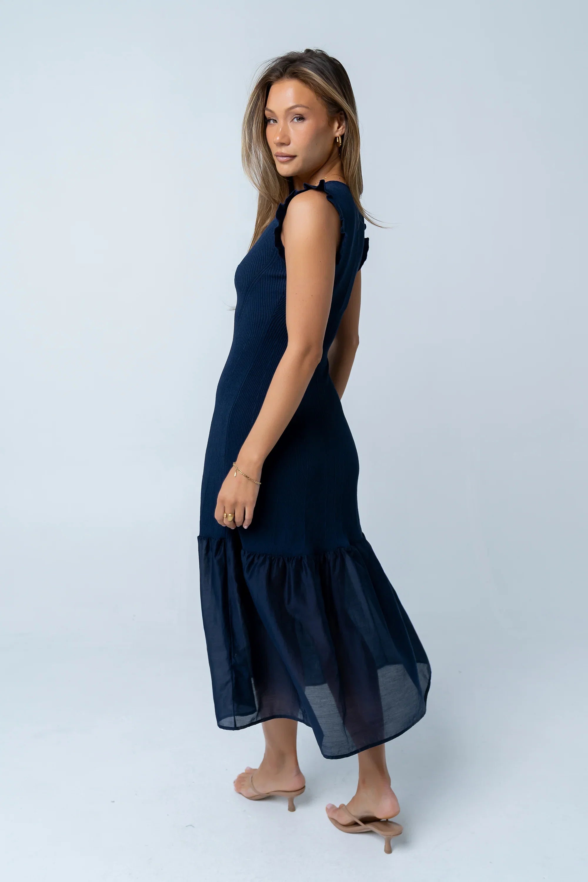Lara Ribbed Midi Dress in Navy