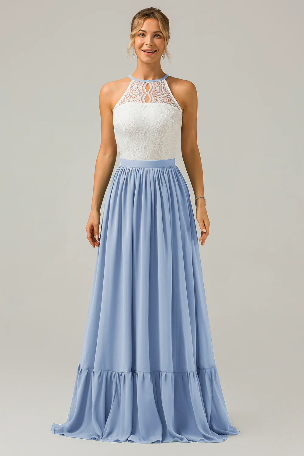 A Line Halter Pleated Keyhole Chiffon Bridesmaid Dress With Lace