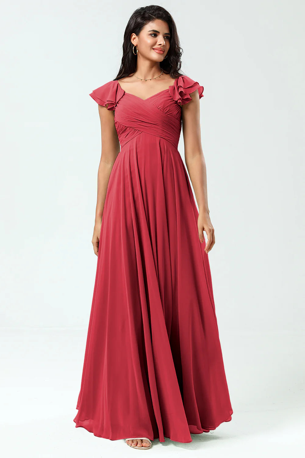 Lace Up Back Cross A Line Chiffon Bridesmaid Dress with Ruffles