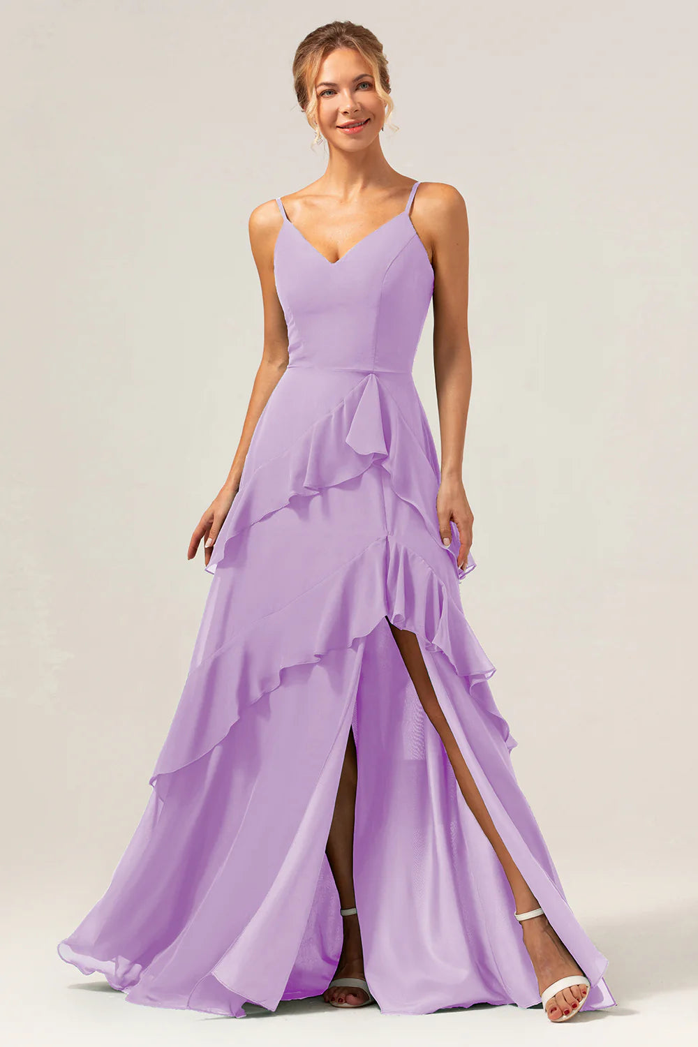 Dark Green A Line Spaghetti Straps Ruffled Chiffon Floor Length Bridesmaid Dress with Slit