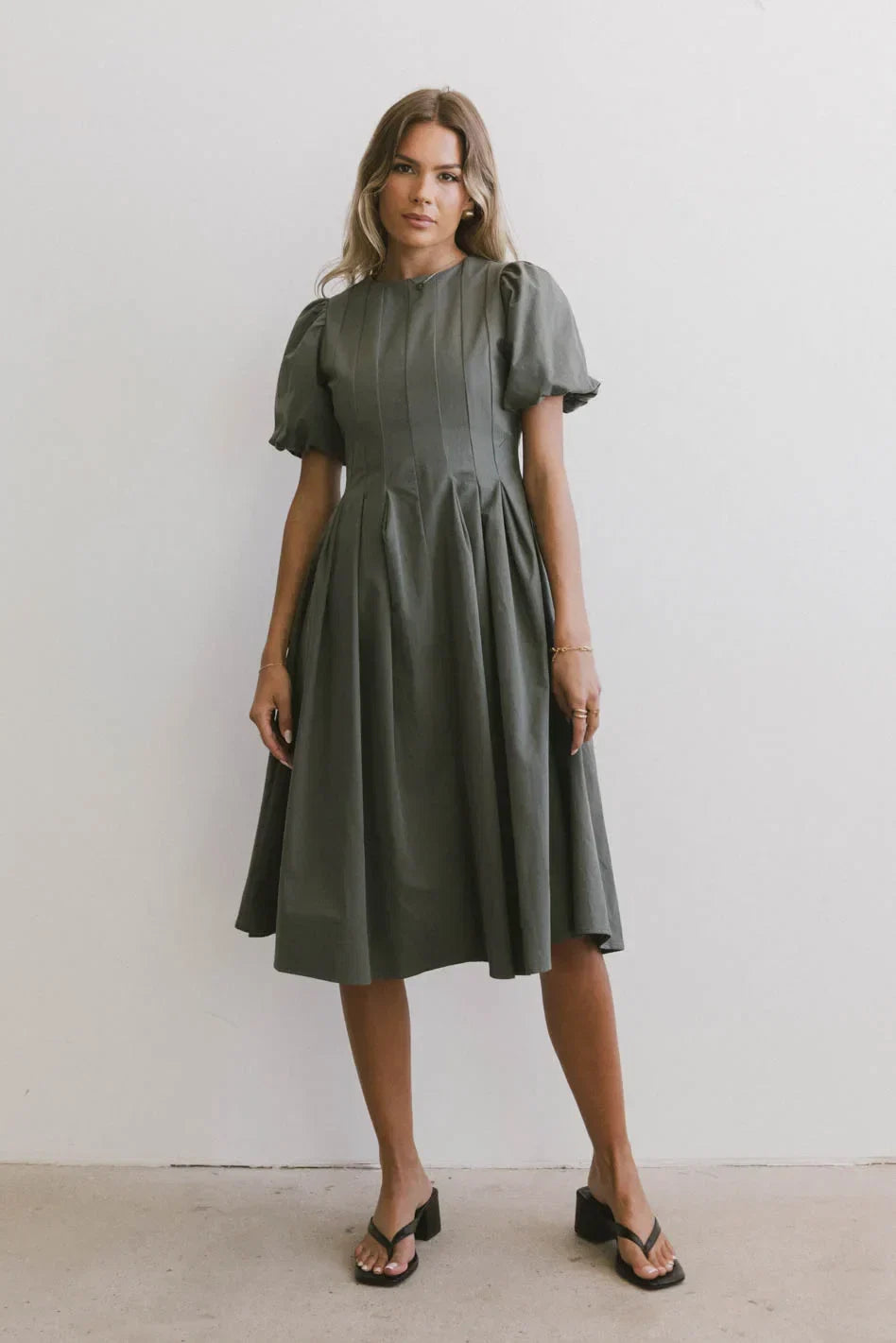 Eliana Pleated Midi Dress in Sage FINAL SALE