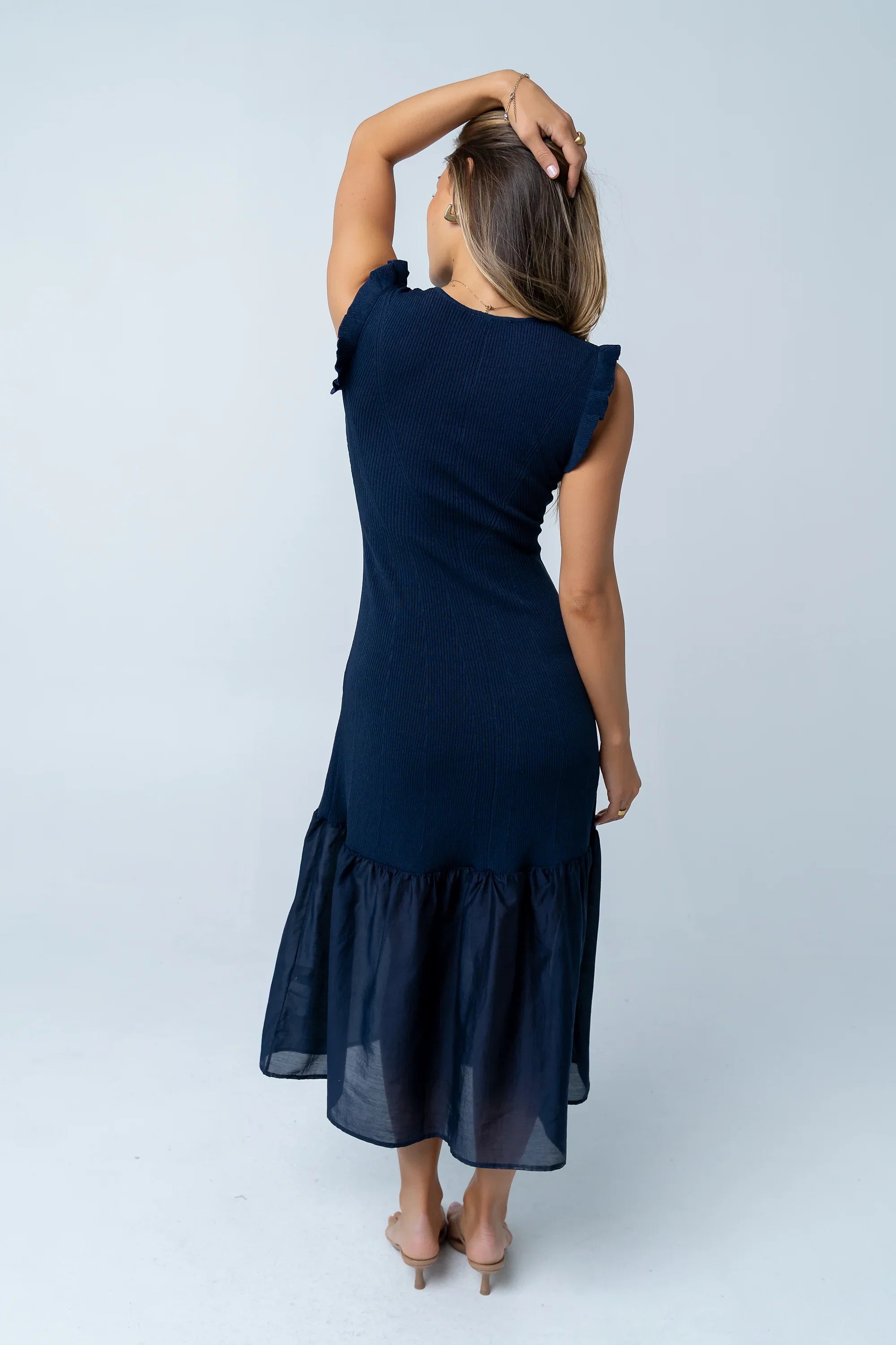 Lara Ribbed Midi Dress in Navy