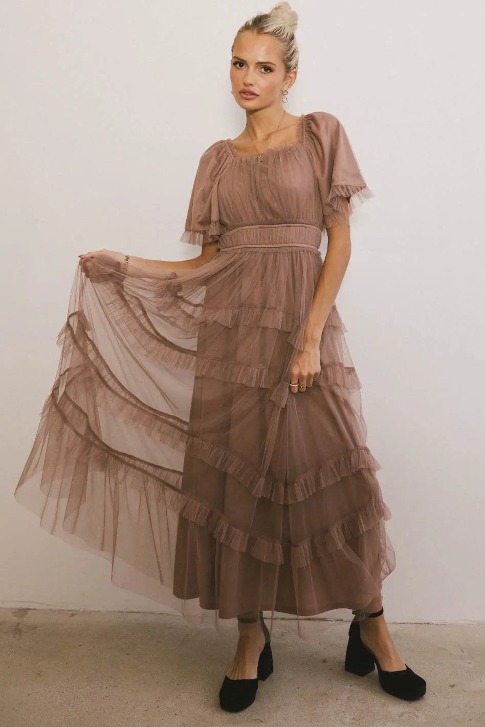 Eugena Ruffled Maxi Dress in Mocha FINAL SALE