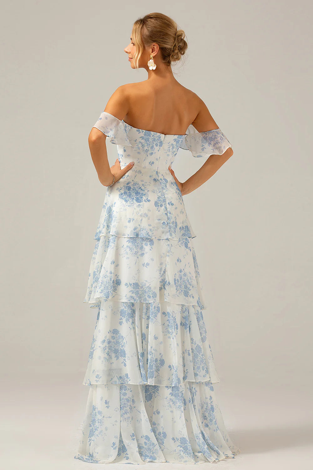White Blue Floral A Line Off The Shoulder Tiered Print Bridesmaid Dress
