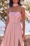 Pink Strapless A Line Wedding Guest Dress with Slit
