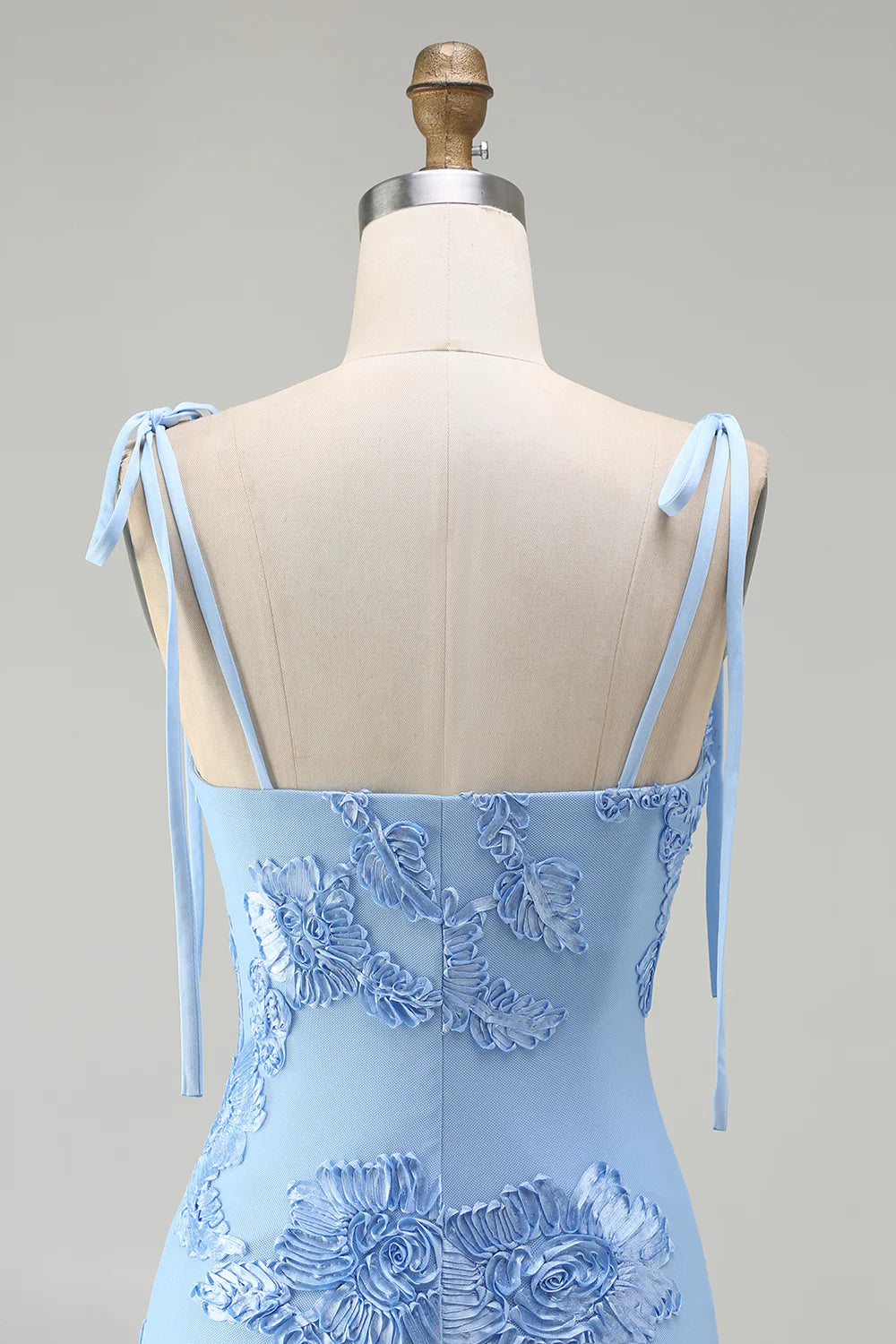 Light Blue Mermaid Spaghetti Straps Long Prom Dress with Appliques