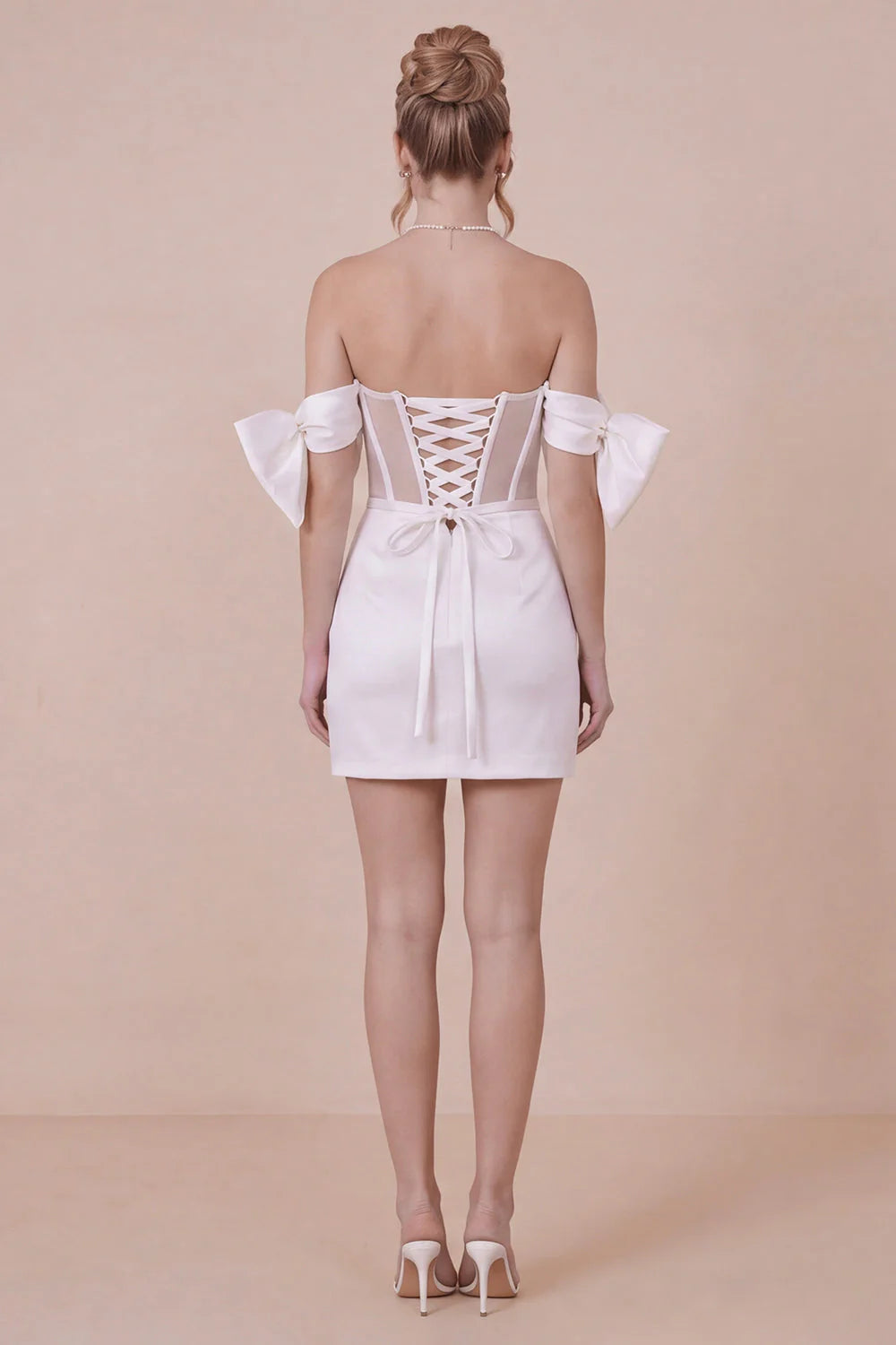 Satin Bodycon Off the Shoulder White Graduation Dress with Bows