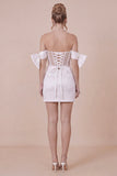 Satin Bodycon Off the Shoulder White Graduation Dress with Bows