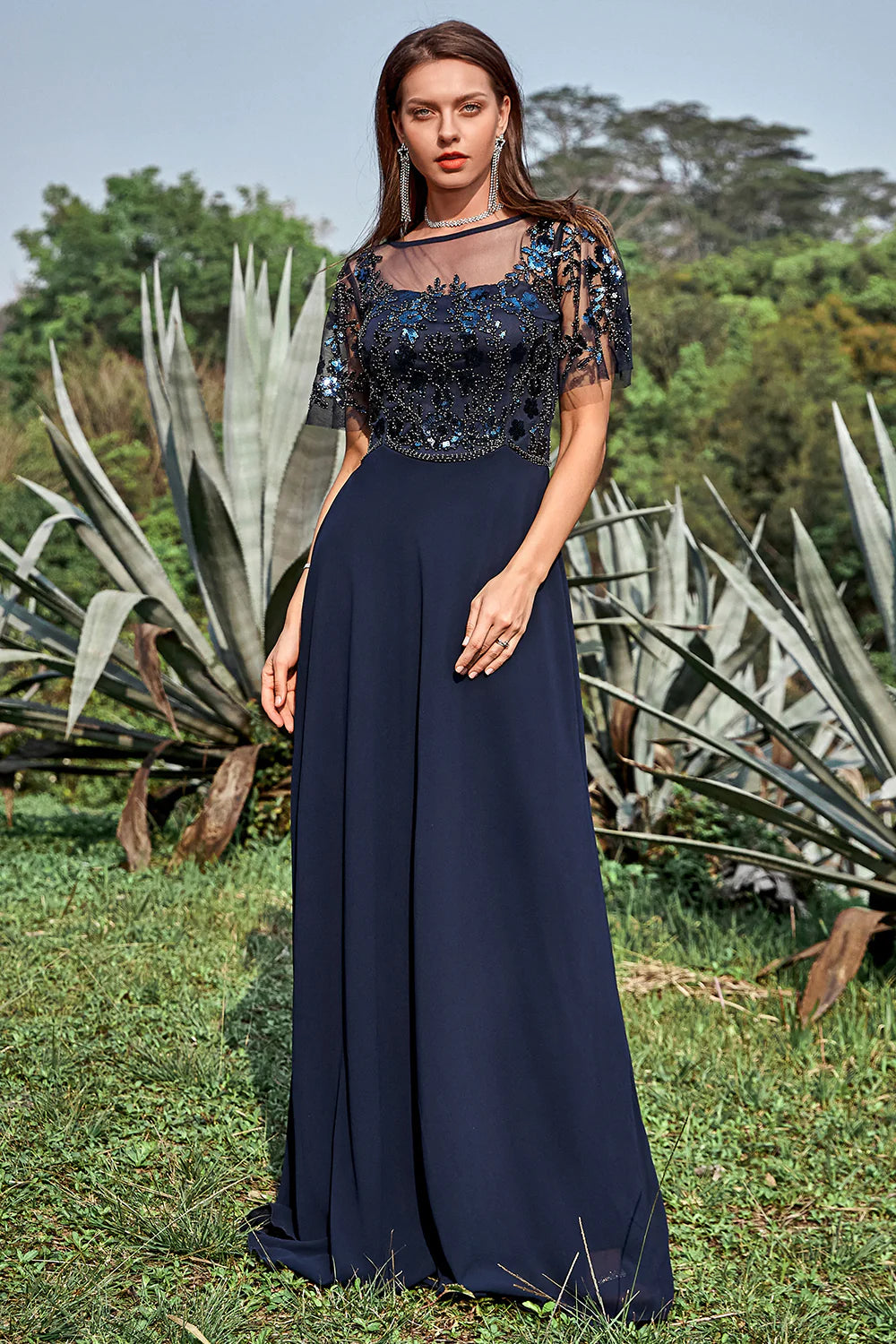 Navy Sheath Round Neck Appliques Sequin Floor Length Dress