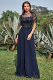Navy Sheath Round Neck Appliques Sequin Floor Length Dress