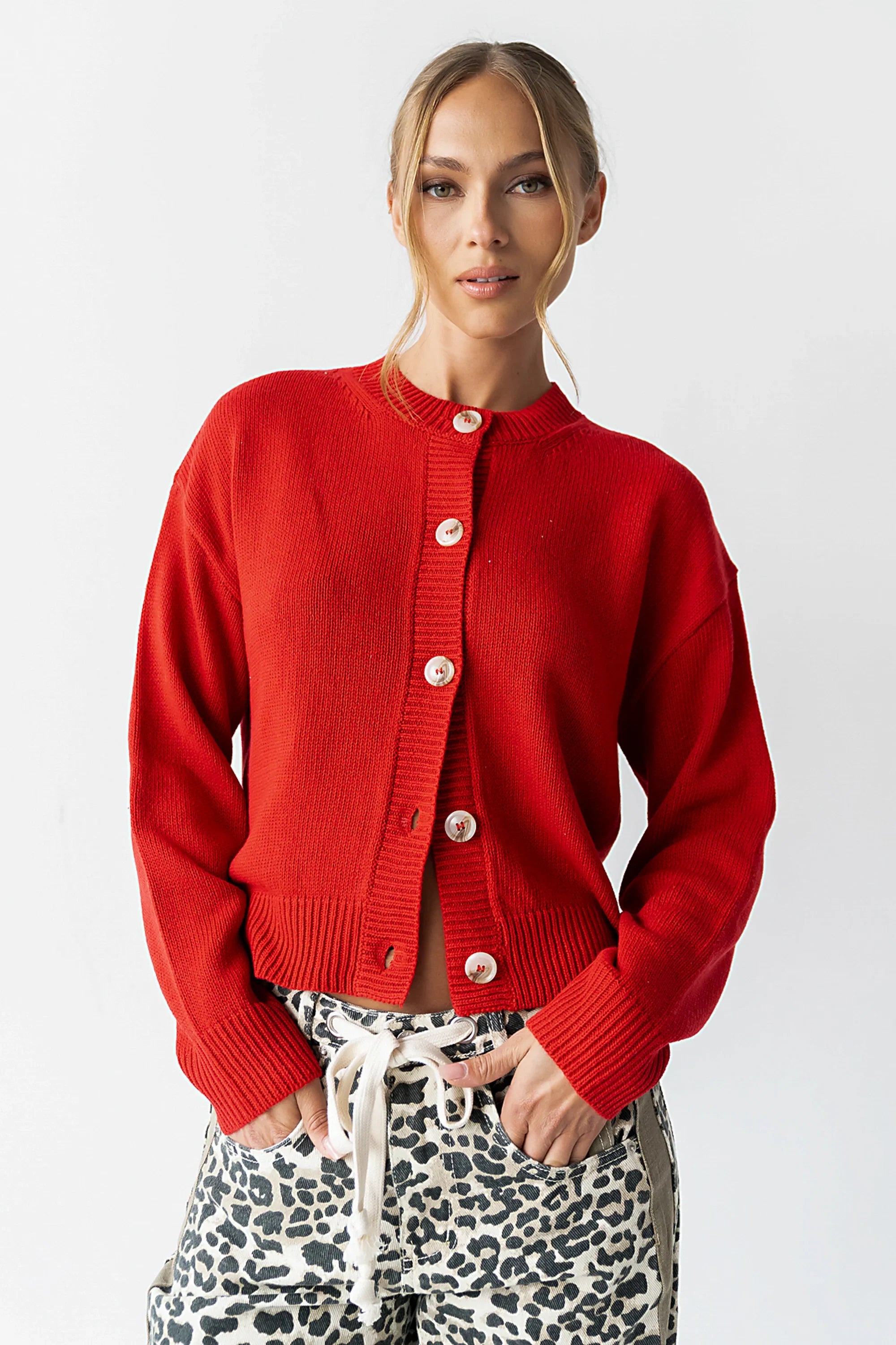 Kasen Knit Cardigan in Red FINAL SALE