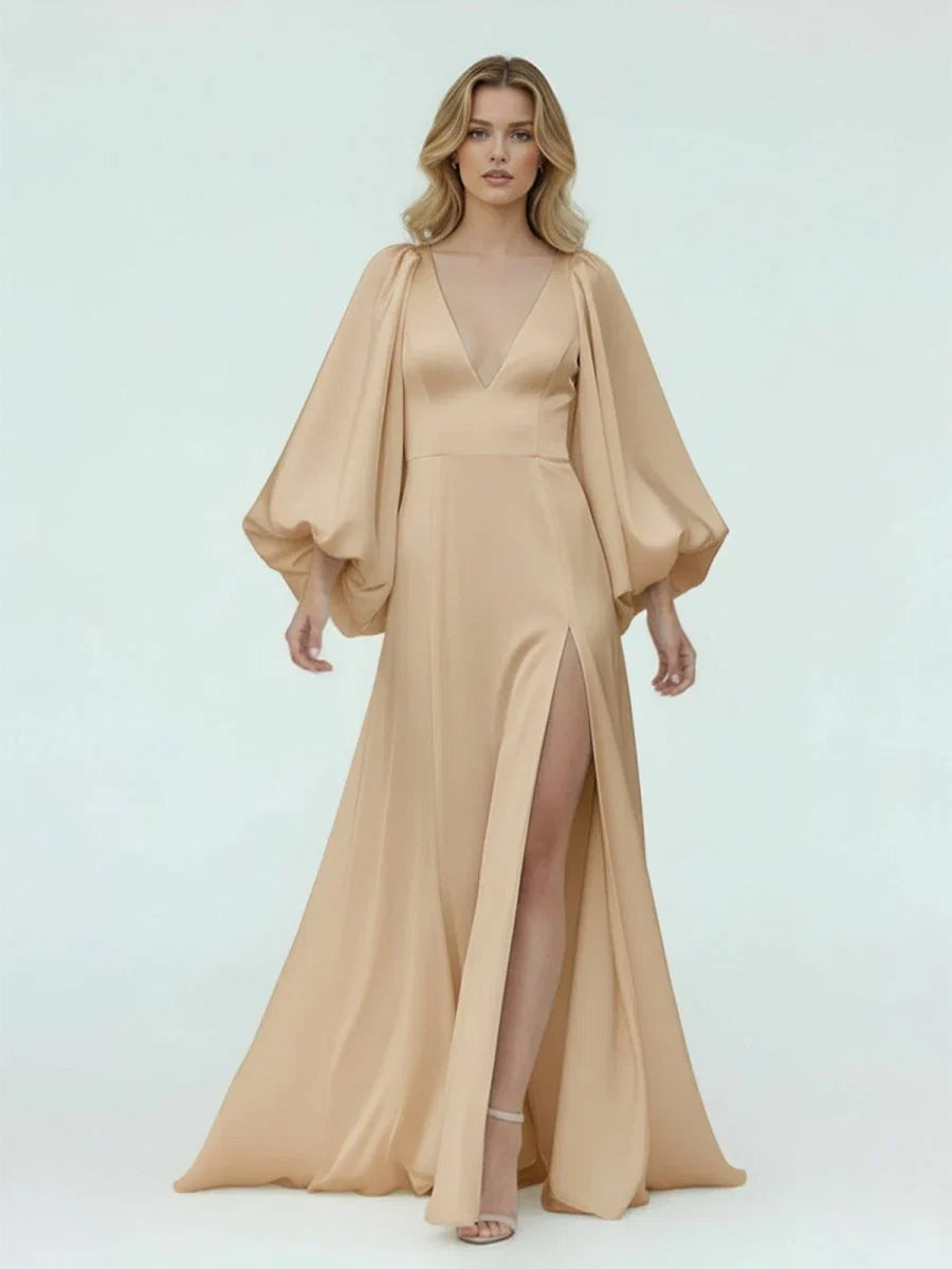 White Satin Simple A Line Long Wedding Dress with Slit