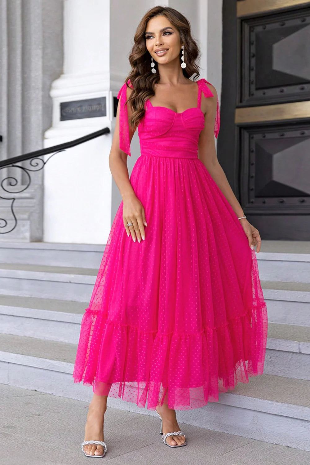 Black A Line Bow Spaghetti Straps Pleated Long Wedding Guest Dress