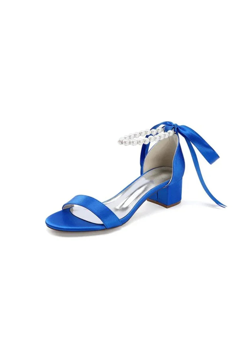 Block Heel Sandal Adorned with Pearl Ankle Band and Ribbon Bow