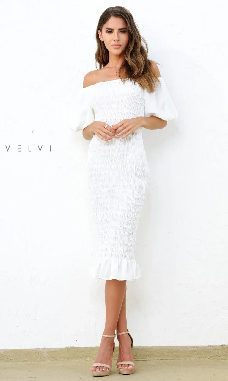 Skyla Shirred Midi Dress WHITE