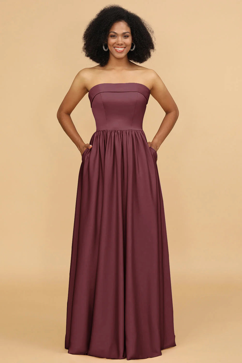 A Line Strapless Satin Floor Length Bridesmaid Dress with Pockets