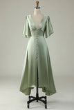 Dusty Sage A Line Deep V Neck Midi Dress with Half Sleeves