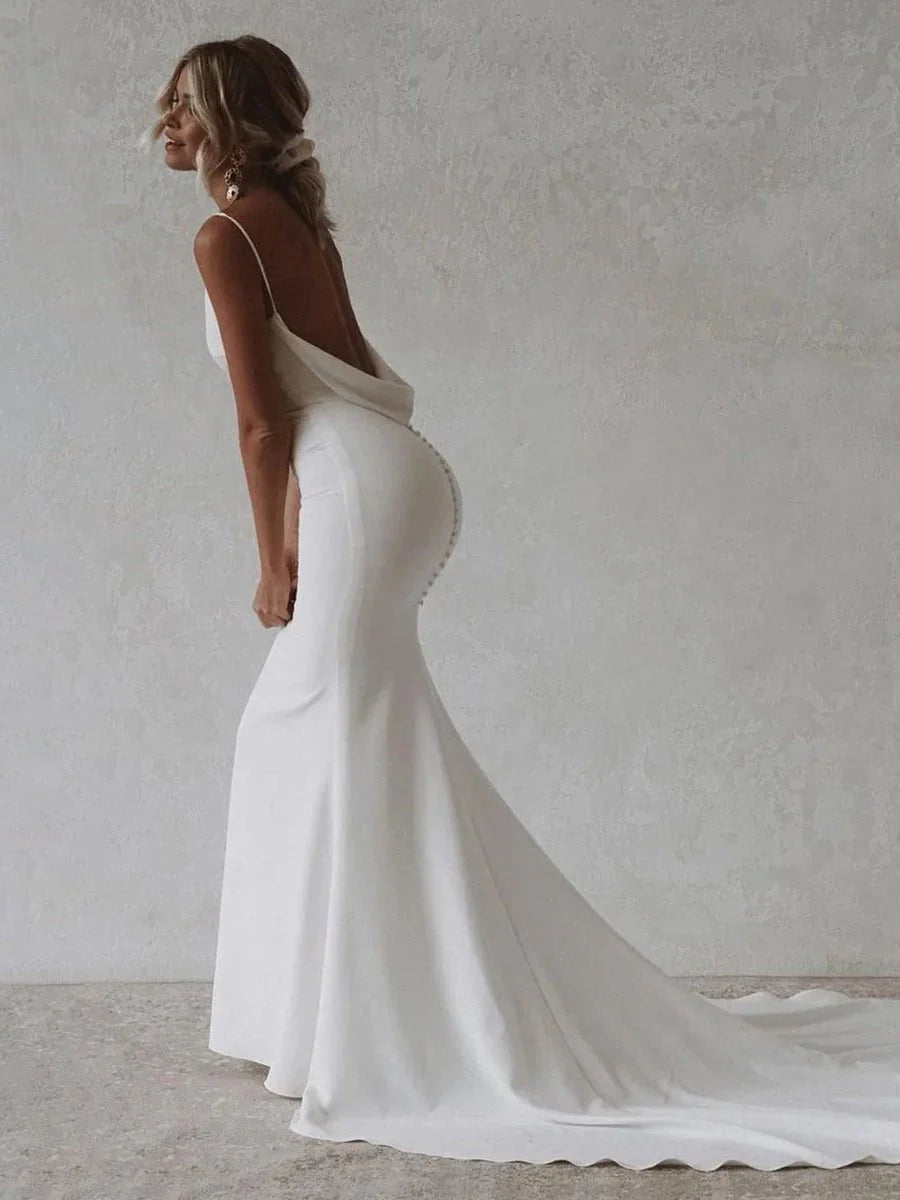 Elegant Mermaid V Neck Elastic Satin Long Wedding Dresses