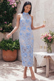 Halter Blue Appliqued Sheath Midi Wedding Guest Dress