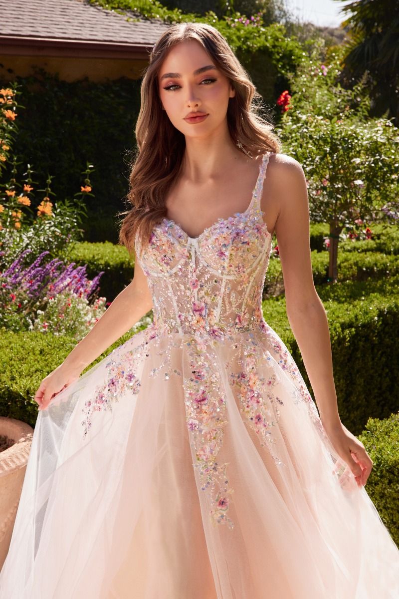 A1288 A LINE DRESS WITH MULTI COLORED FLORAL EMBELLISHMENT ANDREA LEO