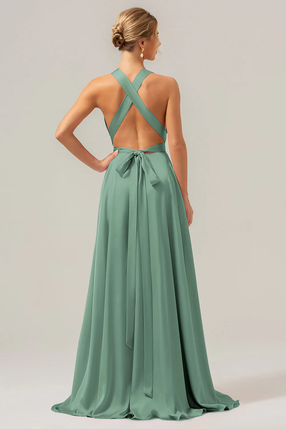 Pink A Line Deep V Neck Lace Up Back Long Satin Bridesmaid Dress with Slit