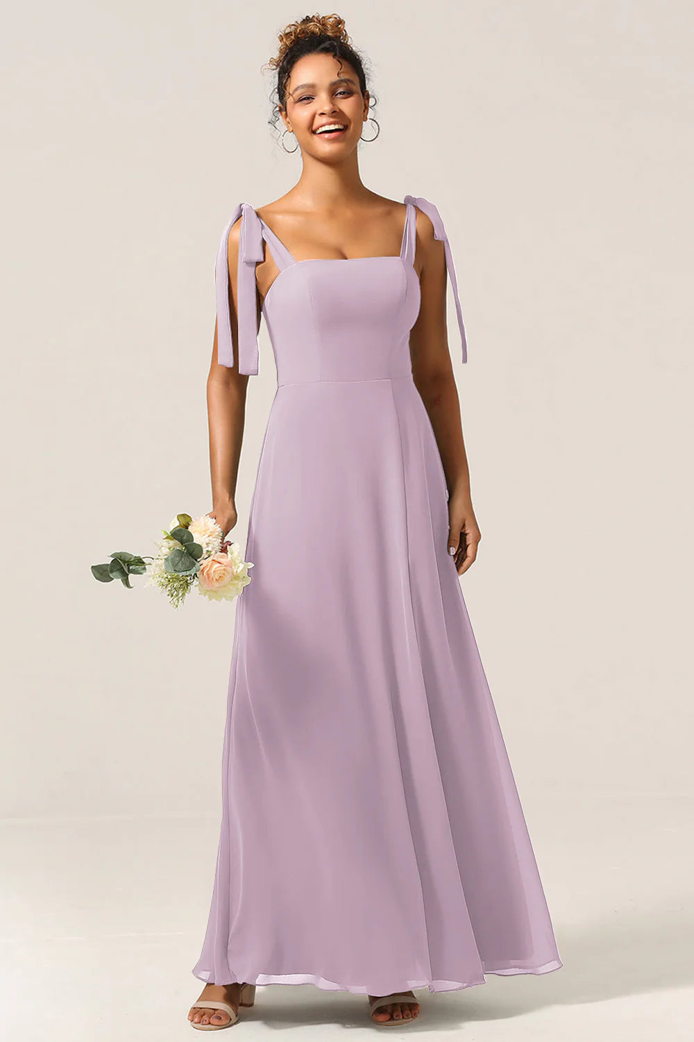 A Line Spaghetti Straps Floor Length Chiffon Bridesmaid Dress with Slit