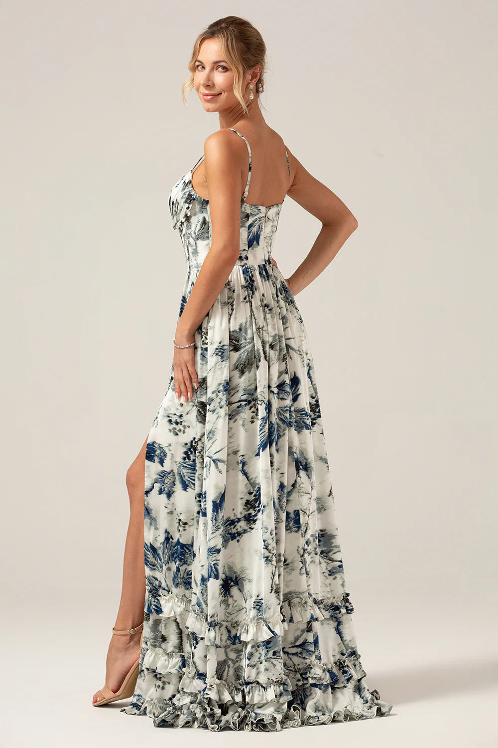 Blue Printed A Line Spaghetti Straps Pleated Long Bridesmaid Dress With Slit