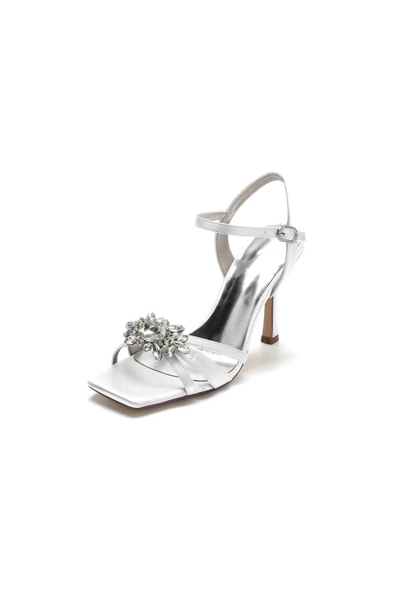 Buckle Strap Crystal Flowers Square Open Toe Chunky Heels