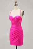 Fuchsia Spaghetti Straps Corset Ruched Tight Short Homecoming Dress