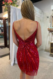 Sparkly Red Sequined V Neck Tight Mini Party Dresses
