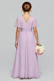 Purple A Line Chiffon Ruffled Long Junior Bridesmaid Dress