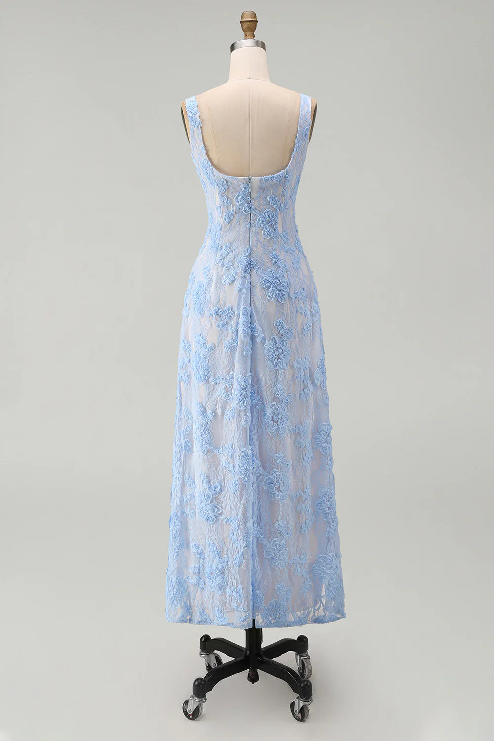 Blue Floral A Line Square Neck Midi Wedding Guest Dress