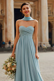 Sweetheart A Line Dusty Blue Pleated Long Bridesmaid Dress