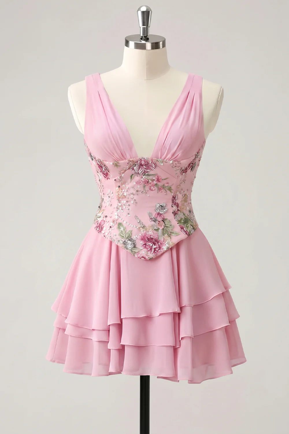 Pink Floral Appliqued V Neck Tiered A Line Homecoming Dress