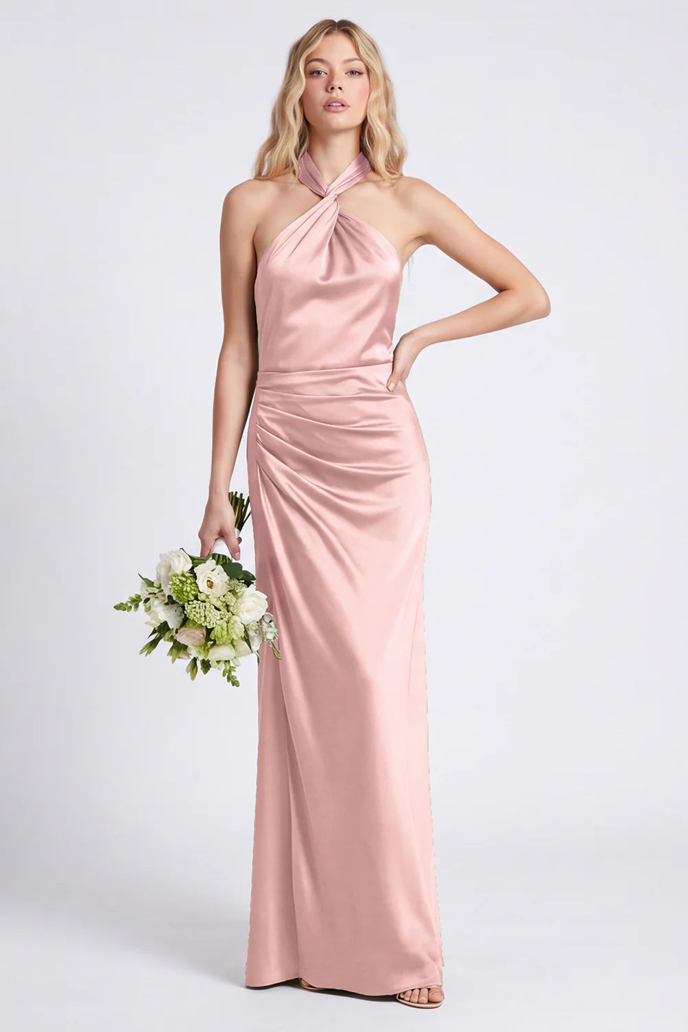 Green Halter Mermaid Ruched Long Bridesmaid Dress