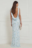 Floral Printed Blue White V Neck Mermaid Long Bridesmaid Dress