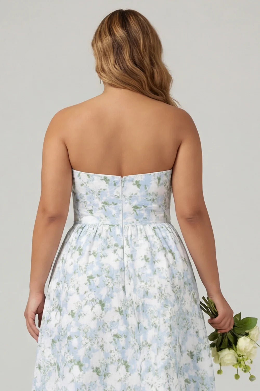 Strapless Blue White Floral Print A Line Long Satin Plus Size Bridesmaid Dress with Pockets