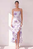 Lilac Flower Chiffon Ruffled Sheath Midi Dress with Slit