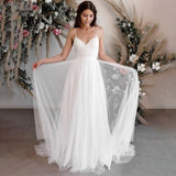 A Line Tulle Spaghetti Straps Wedding Dresses With Lace Appliques