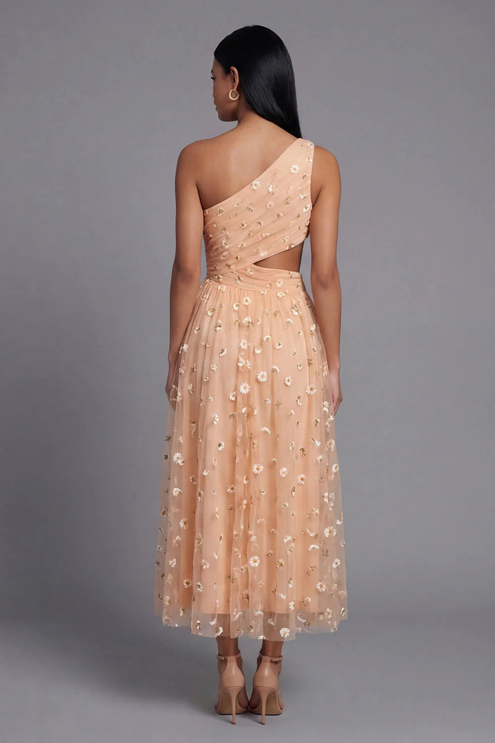 One Shoulder Floral Cut Out Light Orange Wedding Guest Dress