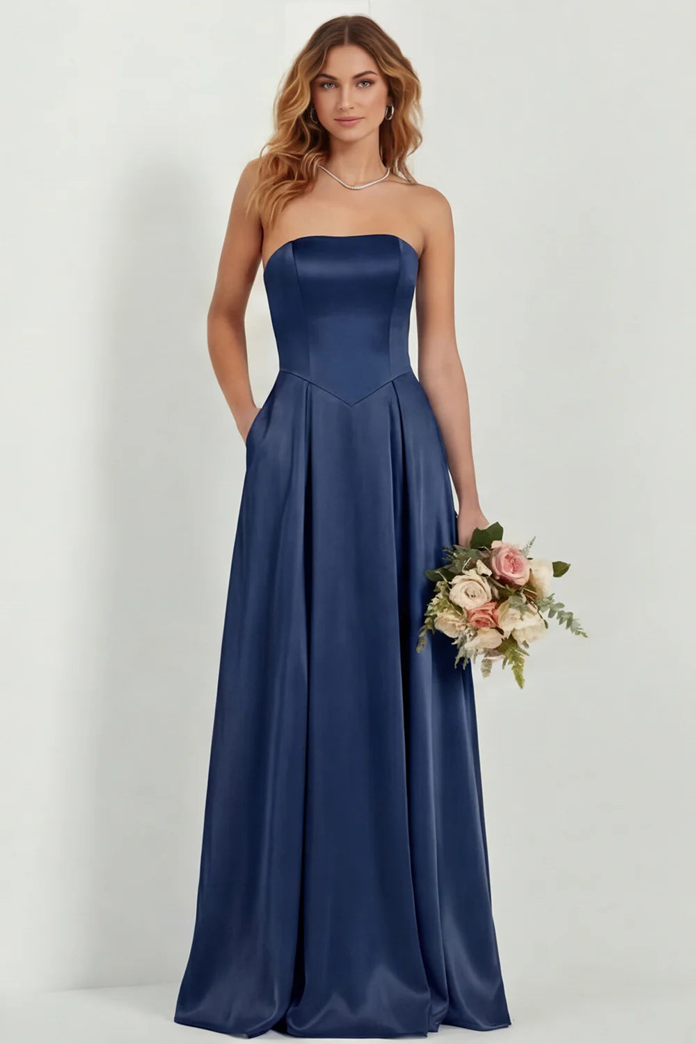Blush Strapless A Line Satin Long Bridesmaid Dress with Pockets