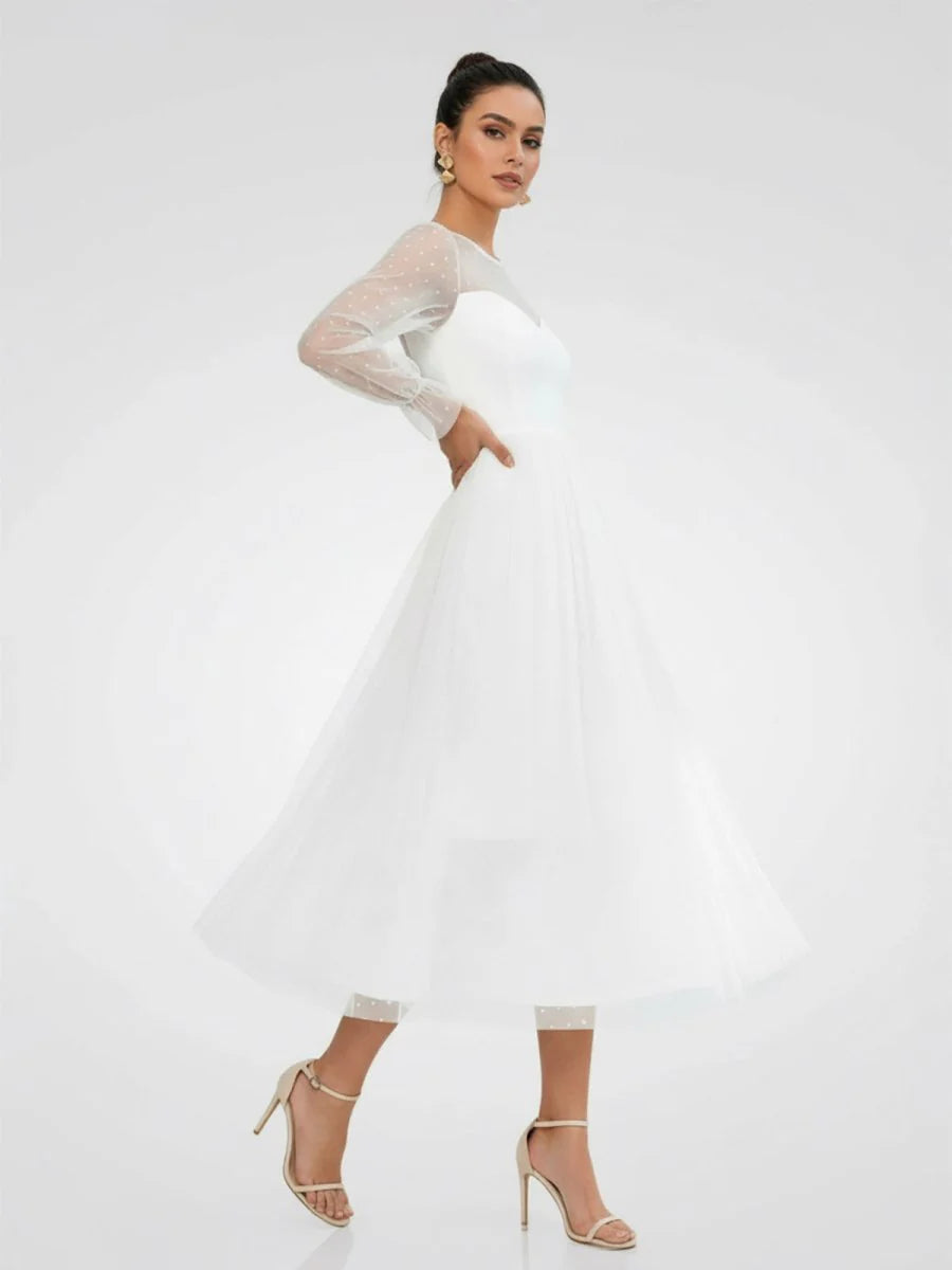 Elegant A Line Long Sleeve Tea Length Wedding Dresses