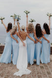 Sheath One Shoulder Light Blue Chiffon Slit Bridesmaid Dress